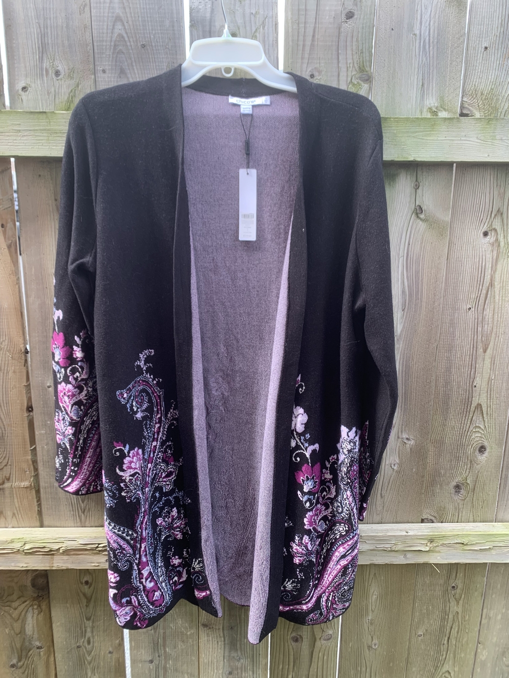 Chico's Black Cardigan with Pink Paisley Floral Accents